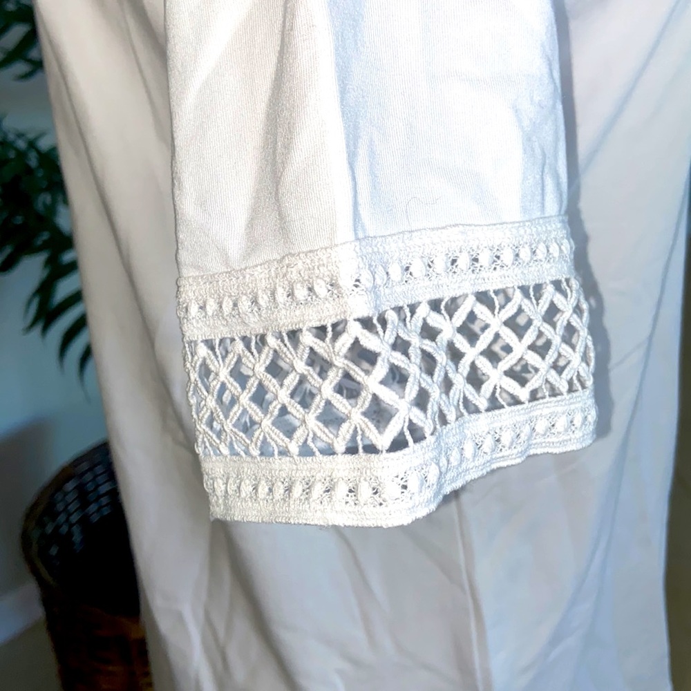 Susan Graver Weekend Cotton Modal Elbow Sleeve Top with Crochet Trim ~ White - Picture 4 of 7